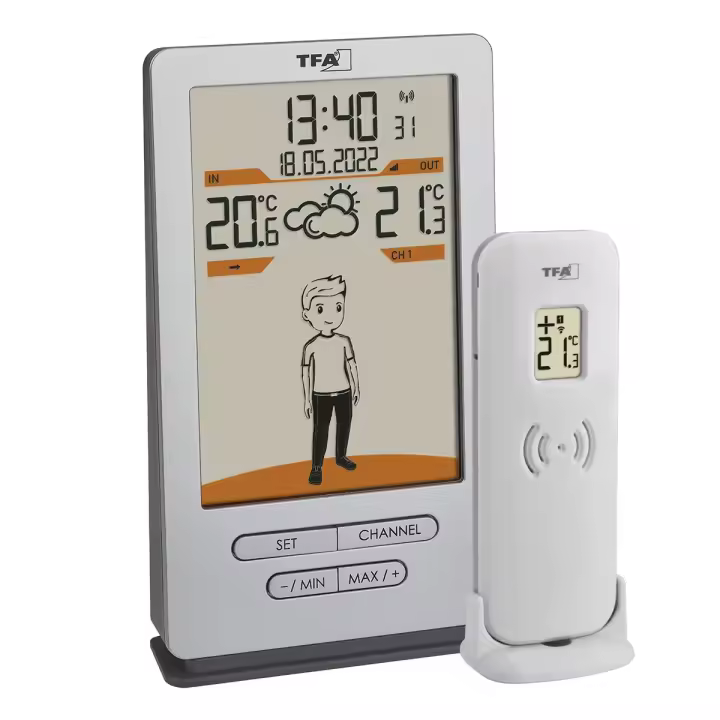 TFA Dostmann Estación meteorológica inalámbrica Weather Jack 35.1166.54, temperatura exterior e interior, previsión meteorológica, con sugerencias de ropa, reloj controlado, plata, 146 x 82 x 27 (47) - 1