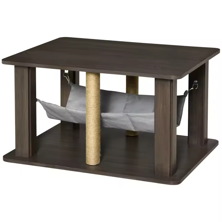 PawHut Mesa auxiliar para gatos, casa para gatos, centro de actividades para gatos con hamaca y poste rascador, color gris - 1