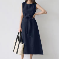 Vestido Largo De Verano Para Mujer Estilo Vintage De Algodón Y Lino Cuello Redondo Sin Mangas Cinturado Talla Grande Casual - details 2
