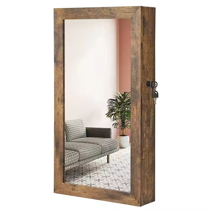 Espejo joyero de pared, organizador espacioso en marrón rústico o blanco, ahorro de espacio ideal para accesorios, con cerradura y 2 llaves, 37x10x67 cm - 1