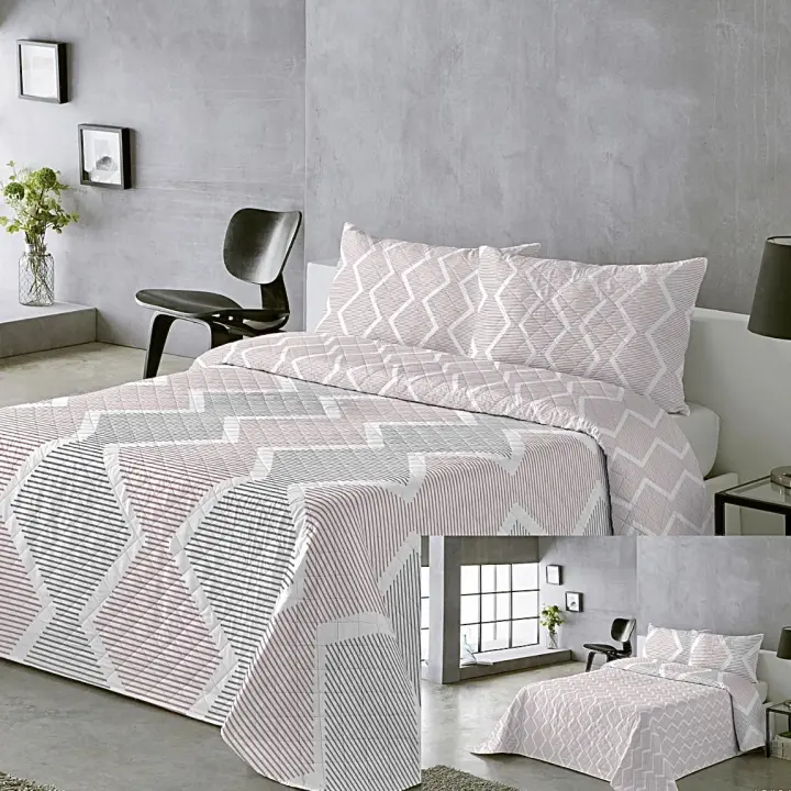 Cubrecama Bicolor Rosa Gris - Reversible con 2 Diseños + Fundas de Almohada | Tallas 90cm (1 Funda), 135cm/150cm (2 Fundas) | Tejido Ultra Suave en Algodón 400 Hilos | Estilo Nórdico Moderno - 1