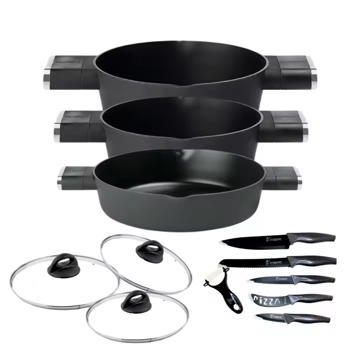 Set de Cacerolas Guzzini Cooking: Cacerola alta 24cm, Cacerola alta 20cm y Cacerola baja 24cm con tapa de vidrio - Revestimiento Quantanium con Titanio, Apto para Inducción. Incluye set de cuchillos de 6 piezas - 1