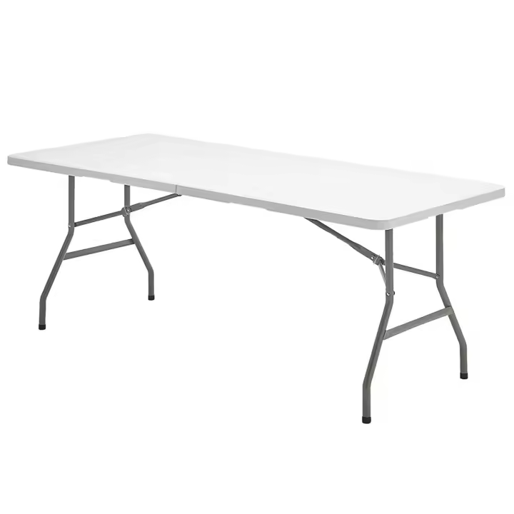 Mesa plegable rectangular hdpe multifuncional, portatil, resistente,multiusos 244x76x74 cm. color blanco - 1