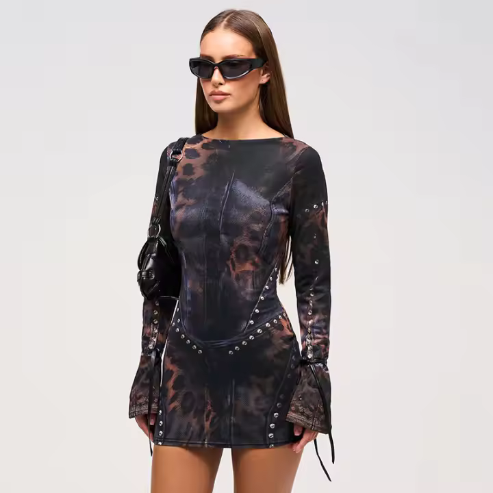 CUTENOVA Vestido Corto De Pierna Slim Con Estampado De Leopardo Y Mangas Flared Para Mujer Otoño Invierno Moda Casual Y2K - 1