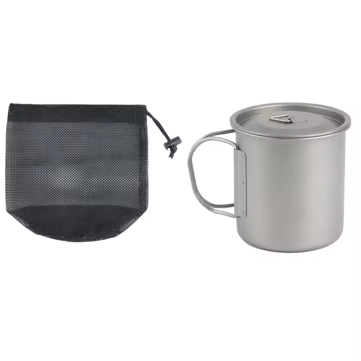 Taza de agua portátil de titanio ultraligera, equipo de Camping para turismo al aire libre con mango plegable, 450ML - 1