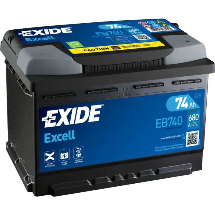 Batería para Vehículos Exide EB740 Excell 12V - 74Ah/680A (EN) Caja L3 - Alto Rendimiento y Durabilidad - Tecnología de Rejilla 3DX - 1