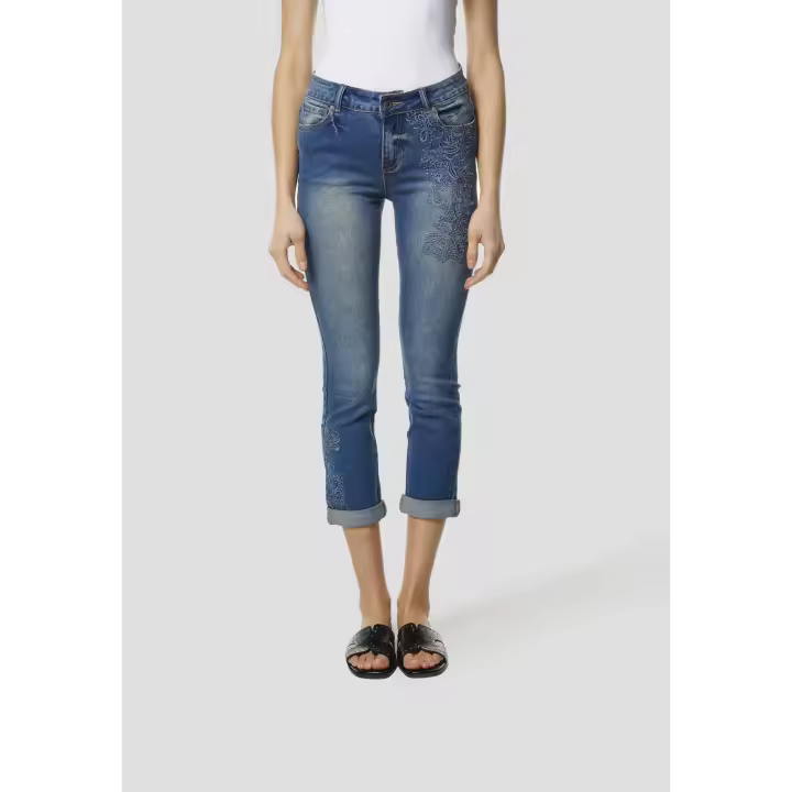 Koroshi - Pantalón vaquero cropped mujer azul medio con bordado artesanal en bolsillo delantero, corte tobillero ajustado de cintura media y puño moderno - 1