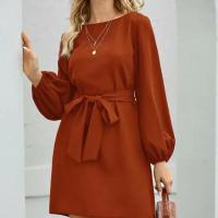Vestido De Mujer Talla Grande De Chiffon Color Sólido Moda 2021 Manga Farol Suéter Cinturón A-Línea Cuello Redondo Largo Hasta La Rodilla - details 17