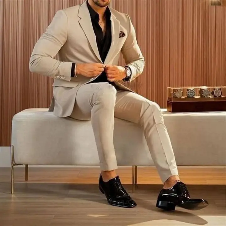 Traje Formal Beige Para Hombre 2 Piezas Chaqueta Y Pantalones Conjunto De Costura Masculina Para Bodas Y Fiestas De Promoción Estilo Slim Fit - 1