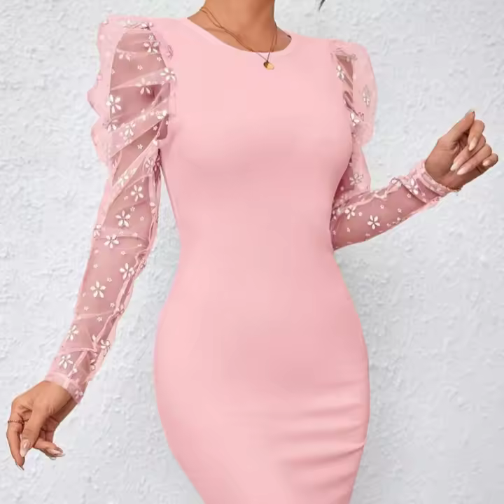 Vestido De Mujer Verano 2024 Con Mangas Espagueti De Malla Y Pétalos Color Sólido Ajustado Escote En V Longitud De Rodilla - 1