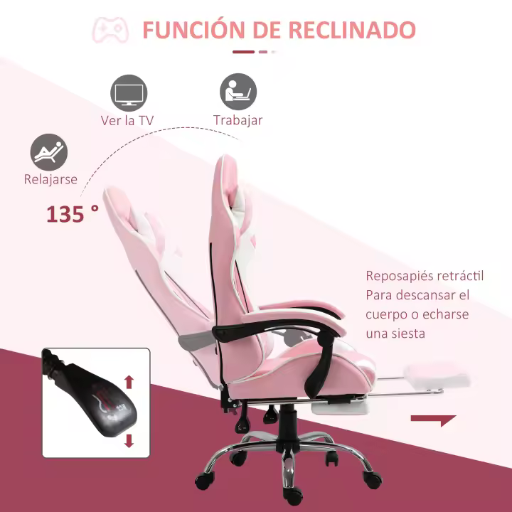 Vinsetto Silla Gaming Reclinable Silla Gamer Giratoria con Reposacabezas Reposapiés Cojín Lumbar Altura Ajustable para Oficina Estudio 64x67x119-127 cm Rosa - 1