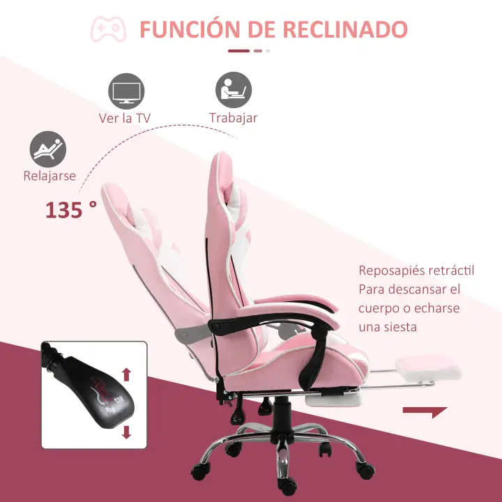 Vinsetto Silla Gaming Reclinable Silla Gamer Giratoria con Reposacabezas Reposapiés Cojín Lumbar Altura Ajustable para Oficina Estudio 64x67x119-127 cm Rosa - 1