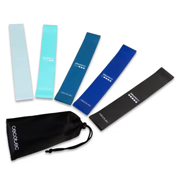Set de 5 cintas elásticas DrumFit de resistencia en látex con niveles y bolsa de transporte incluida - 1
