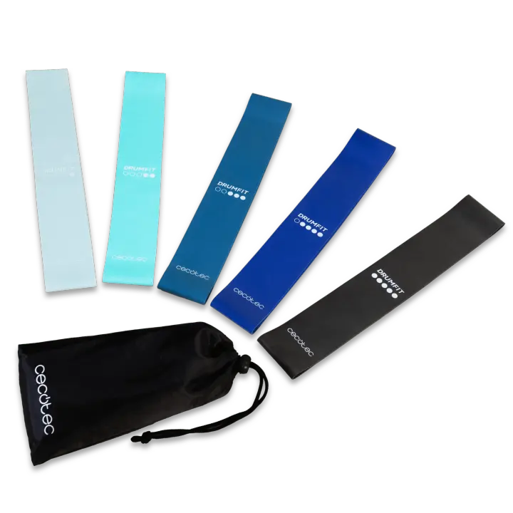 Set de 5 cintas elásticas DrumFit de resistencia en látex con niveles y bolsa de transporte incluida - 1