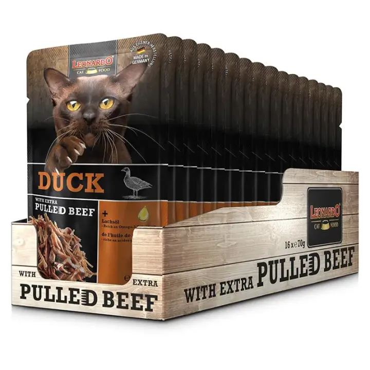 Leonardo Pulled Beef Sobres de Paté Combinado con Carne Desmenuzada - Comida Húmeda para Gatos (packs de 16 sobres x 70gr) - ¡Alimenta a tu gato con deliciosa y nutritiva comida húmeda! - 1