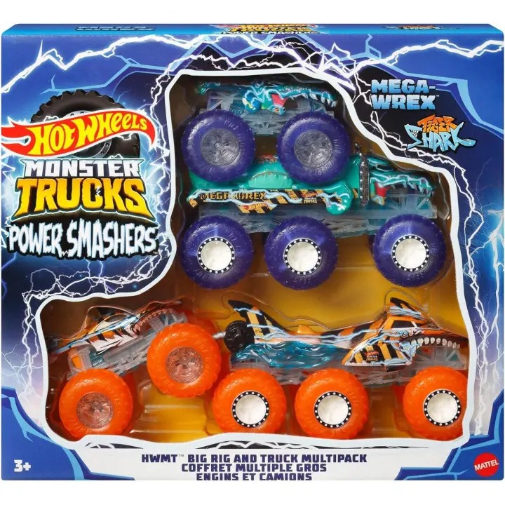 Hot Wheels Monster Trucks Power Smashers Mega-Wrex y Tiger Shark, Pack 2 Coches de Juguete a Escala 1:64 con Big Rigs, Regalo para niños y niñas +3 años (Mattel HYJ29) - 1