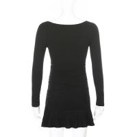Vestido Mini De Punto Color Sólido Con Cuello En V Y Manga Larga Estilo Coreano Elegante Con Volantes Y Corte Bodycon Para Mujer Otoño - details 9