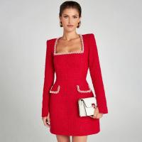 Vestido Mini Elegante Para Mujer Blanco Con Diamantes Cuello Cuadrado Manga Larga Slim A-Line Estilo Sexy Y Club Para Otoño - details 1