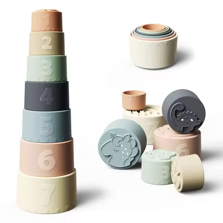 Juguetes de taza apilable, divertidos juguetes educativos para bebés, juguetes de mordedor suave de silicona para niños a partir de 6 meses, juego de 7 - 1