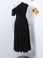 Vestido Maxi De Verano Para Mujer Elegante Y Chic Con Plegado Y Patchwork En Negro Cuello Media-Torço Manga Corta Cintura Alta A-Line Para Oficina Y Calle - details 2