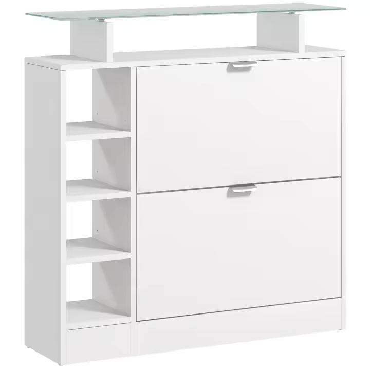 HOMCOM Zapatero Moderno Zapatero de Entrada Recibidor con Cajones Abatibles Estantes Ajustables y Estantes Abiertos para 12 Pares de Zapatos Zapatero Estrecho para Pasillo 89x25x92 cm Blanco - 1