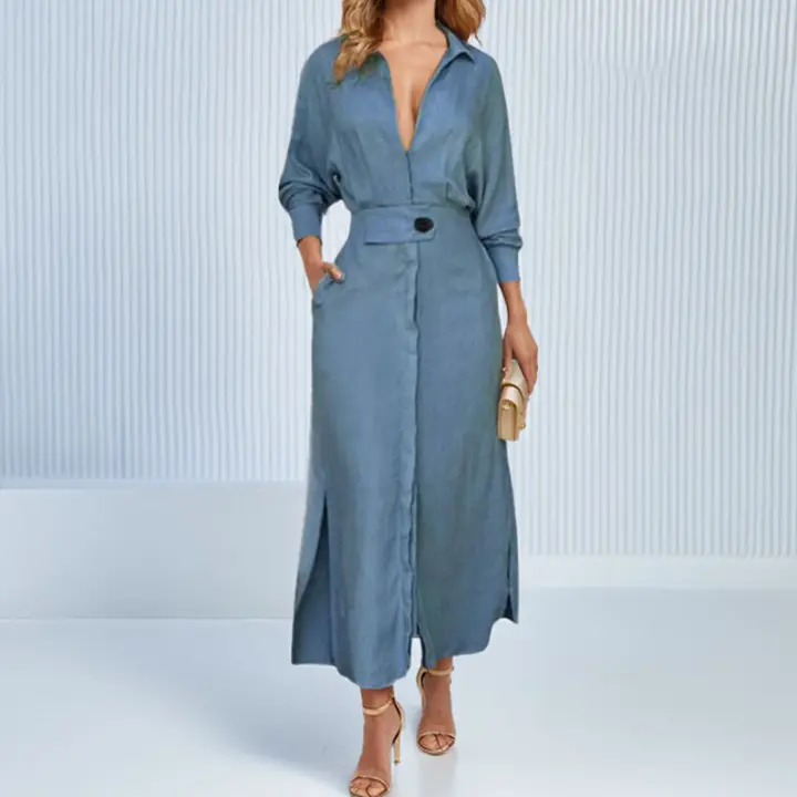 Vestido Largo De Mujer Con Cintura Irregular Manga Larga En Color Sólido Con Encaje Vestido De Oficina Para Primavera Y Verano - 1