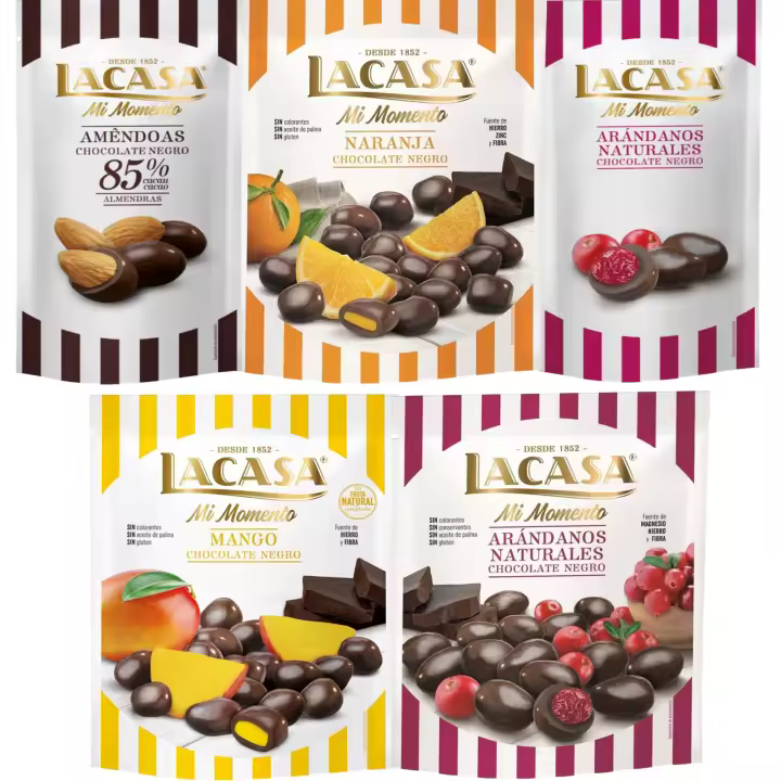 Lacasa Mi Momento pack de 5:Arándano choco Negro 60G,Almendra 85% 65G,Arándano choco Negro 125G,Naranja choco Negro 125G,Mango choco Negro 115G - 1