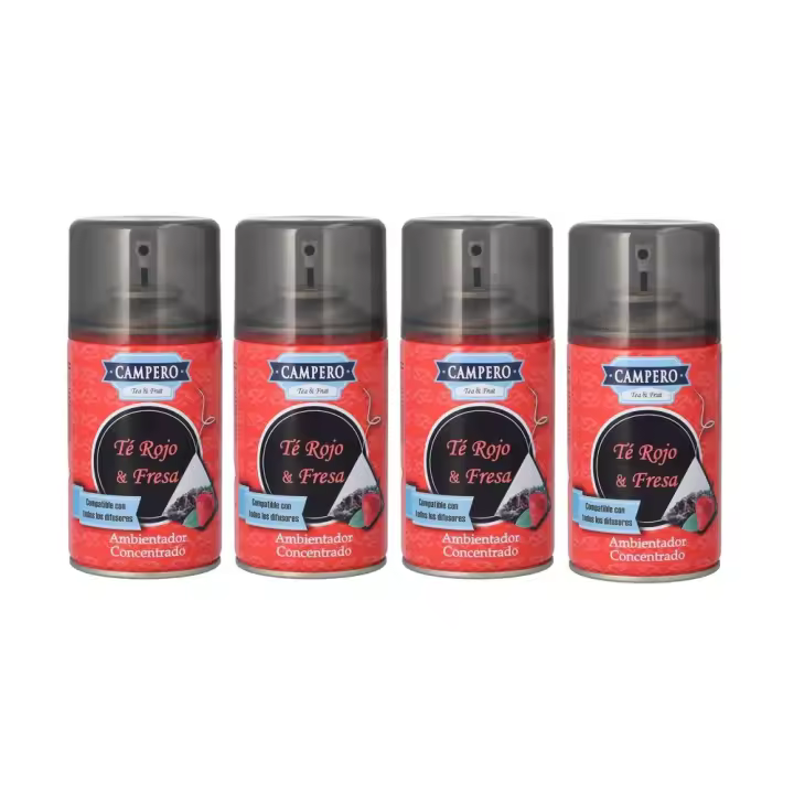 CAMPERO Tronic Té y Frutas, Ambientador Té Rojo y Fresa En Aerosol 250ml, Pack 4 Recambios - Dosificador Automático, Apto Para Todo Tipo De Difusores Del Mercado, Aroma Intenso y Duradero - 1