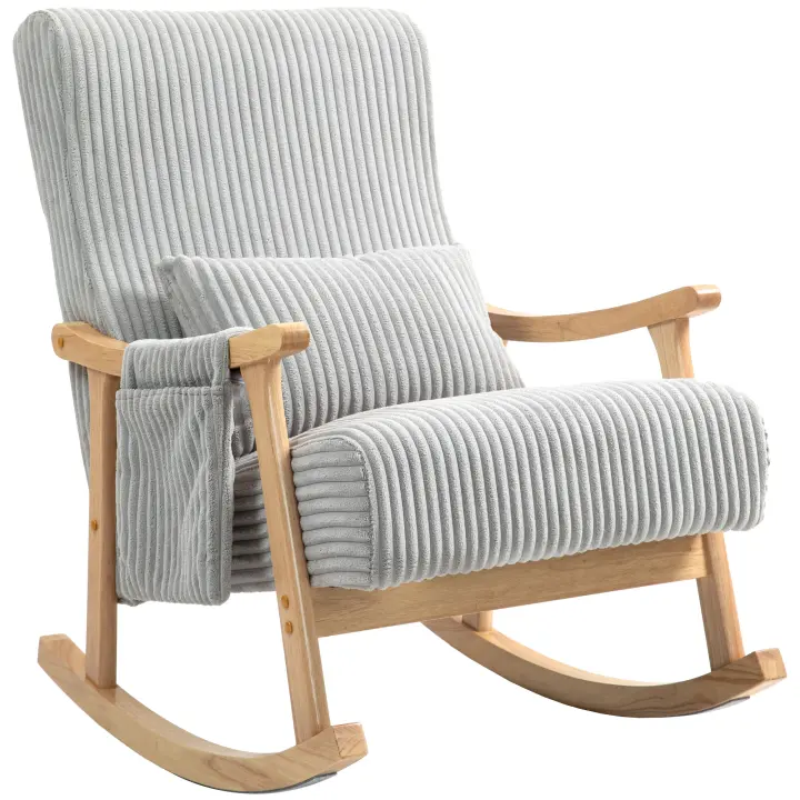 HOMCOM Mecedora Moderna Silla Mecedora de Pana con Patas y Reposabrazos de Madera de Haya Cojín Lumbar y Bolsillo Mecedora para Lactancia Carga 120 kg para Dormitorio Salón Gris - 1