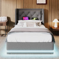 Cama tapizada Cama individual 90*200 cm, Cama de almacenamiento hidráulico en Algodón gris, Cabeza USB Typo-C tapizada con función de Carga, función LED en 3 lados (colchón no incluido) - details 0