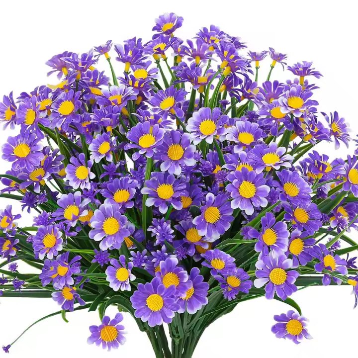 Flores artificiales de margaritas para exteriores, decoración de flores falsas, plantas artificiales para exteriores, arbustos verdes, flores, color morado - 1