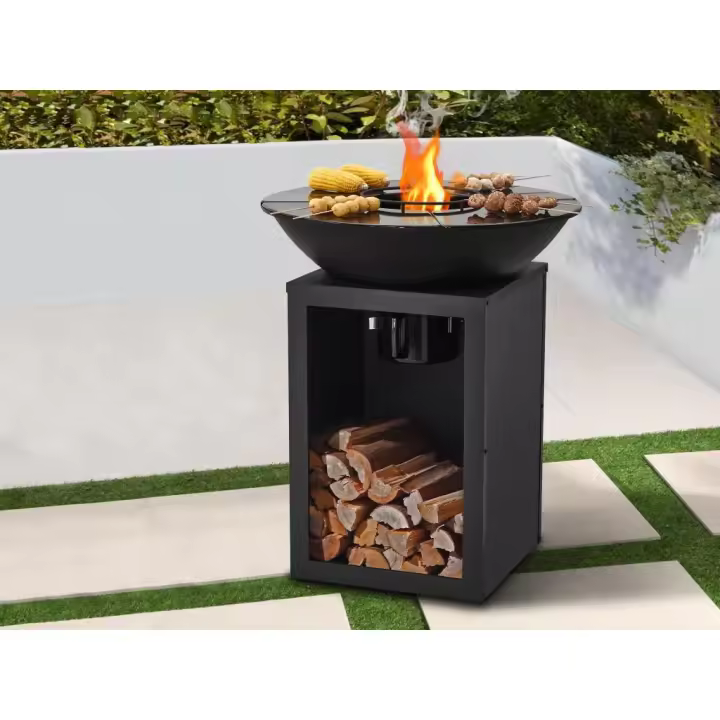 Vente-unique - Barbacoa plancha brasero a carbón y madera con compartimento 80 x 80 x 96 negro - IGNOS - 1