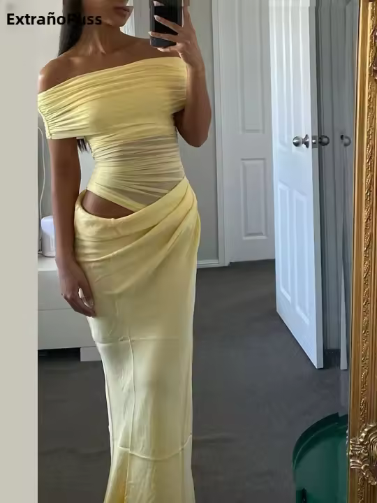 Vestido Largo Bodycon Elegante Para Mujer Con Aros Y Patchwork En Malla Rociado En El Cuello Con Manga Corta Y Cintura Delgada Vestido Irregular De Tendencia Sexy - 1