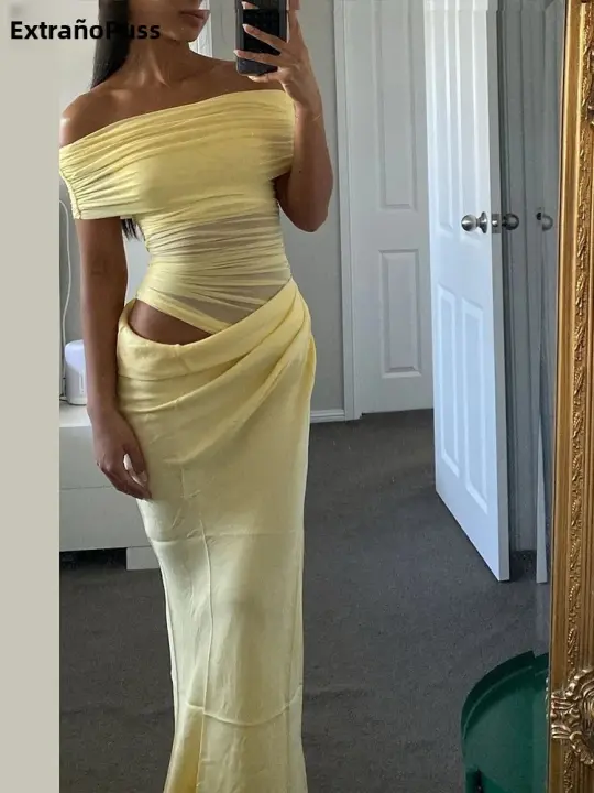 Vestido Largo Bodycon Elegante Para Mujer Con Aros Y Patchwork En Malla Rociado En El Cuello Con Manga Corta Y Cintura Delgada Vestido Irregular De Tendencia Sexy - 1