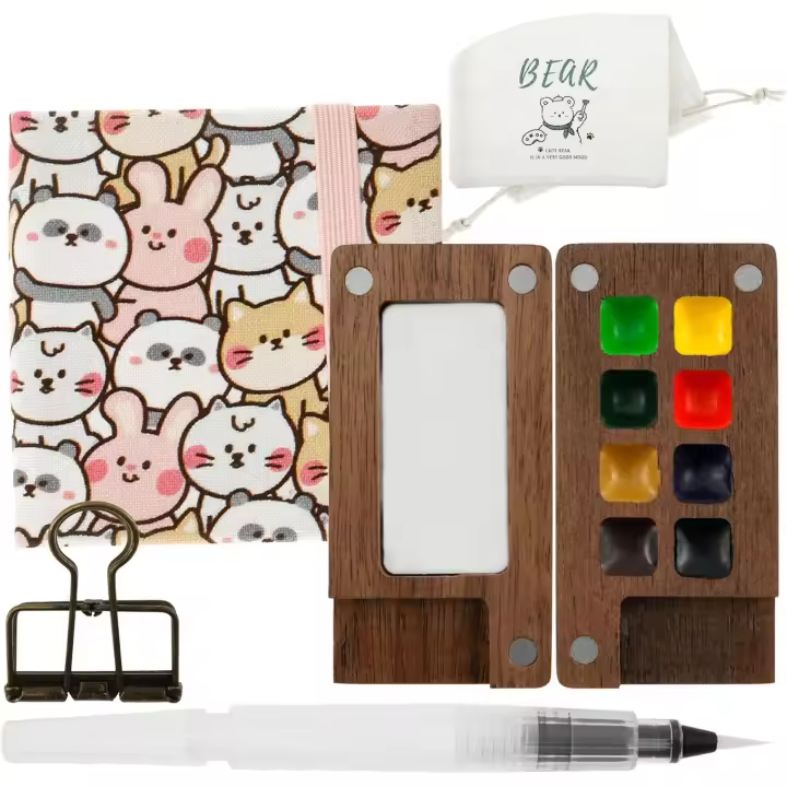 Juego de paleta de acuarela portátil en miniatura, juego de acuarela de viaje de 8 cuadrículas, minipaleta de pintura de madera con cuaderno de bocetos de acuarela y clips, juego de acuarela de bolsillo compacto para pintores y artistas - 1