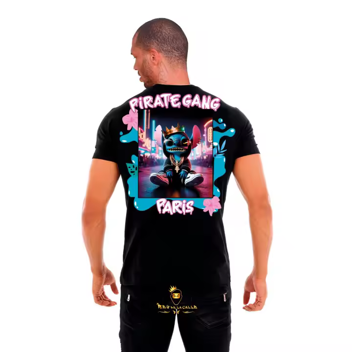 Camiseta Pirate Gang París Negra Pedrería Brillante Stitch - 1