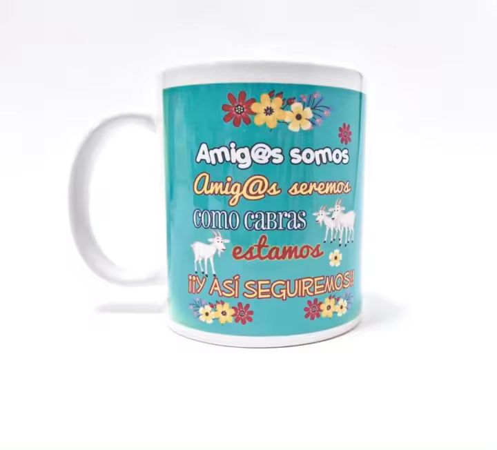 Taza personalizada "Amig@s somos amig@s seremos como cabras estamos ¡¡Y ASÍ SEGUIREMOS!!" - 350 ml - impresa por las dos caras - ideal para esa persona espcial con los que compartir momentos locos - apta para microondas y lavavajillas. - 1