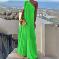 Vestido Largo De Hombro Solo Con Cuello Diagonal Elegante Vestido Sin Mangas A-Line Suave Para Fiesta Casual Verano Largo Vestido De Noche Moda - details 2