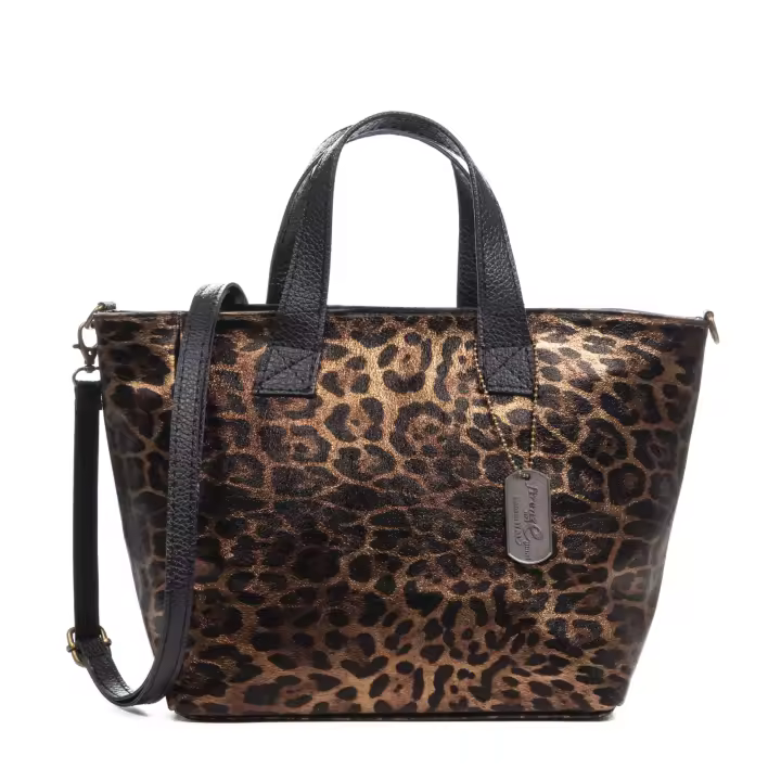 FIRENZE ARTEGIANI Cassandra bolso tote mujer. Piel auténtica Gamuza, animal print leopardo, lacado brillante. Fabricado en Italia 32x14x23 Cm. - 1