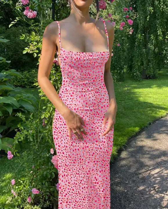 Vestido Midi Sin Espalda Dulzura Para Mujer Estampado Floral Verano 2024 Slim Ajustado Elegante Para Fiesta Club Cumpleaños Noche - 1