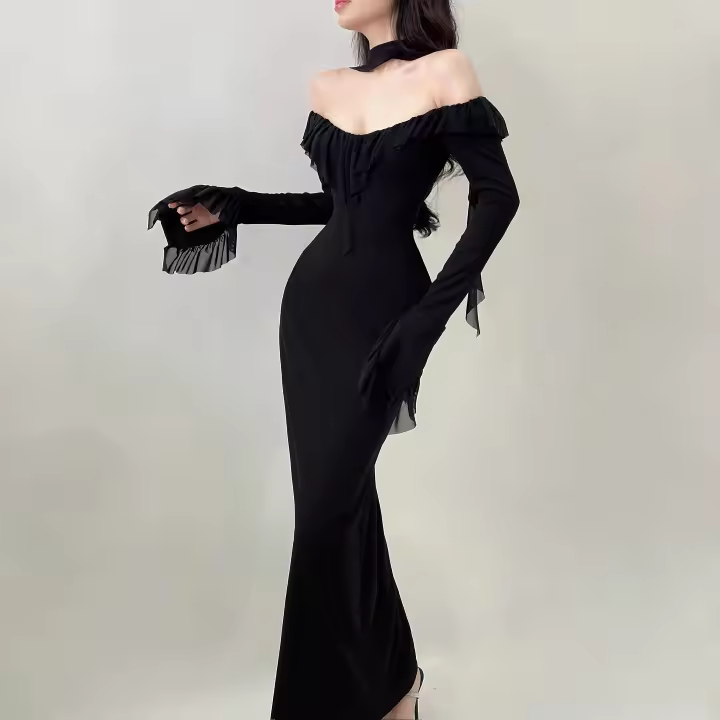 Xeemilo Vestido Largo De Noche Elegante Con Encaje Y Manga Larga Para Mujer Vestido De Fiesta Club Sexy Con Cuello Redondo Y Corte Slim - 1