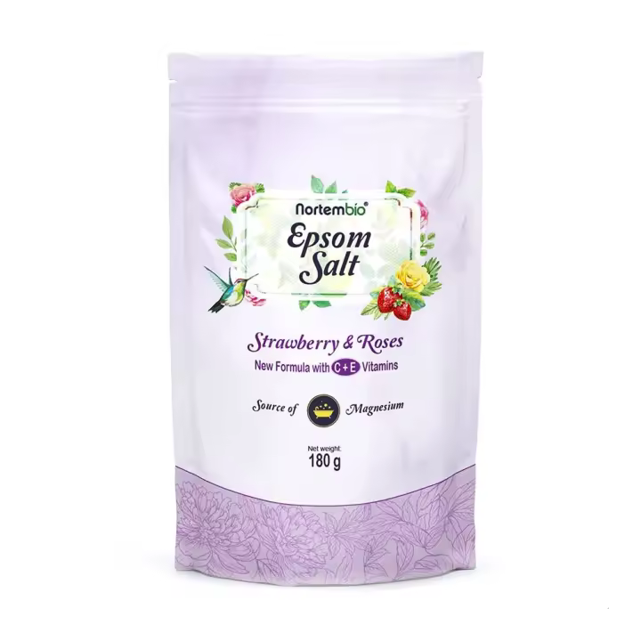 Nortembio. Sal Epsom 180g. Fragancia Fresa y Rosas. Sal de baño Hidratante con Vitamina C y E. Relajación y Aromaterapia - 1