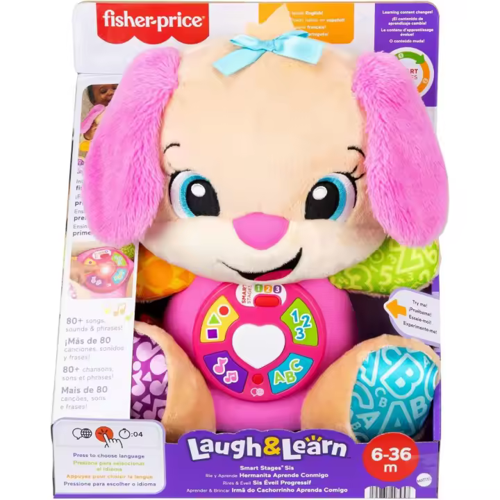 Fisher-Price Laugh & Learn Perrita con Smart Stages Peluche musical de aprendizaje con Smart Stages para bebés a partir de 6 meses, versión multilingüe: Italiano, Español, Portugués, Inglés (Mattel JFD35) - 1