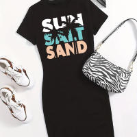 Camiseta De Verano Para Mujer SUN SAIT Con Estampado De Arena Ajustada Manga Corta Cuello Redondo Vestido Mini Casual - details 2
