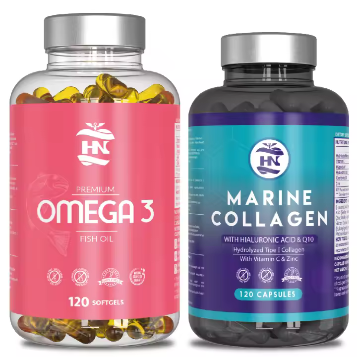 HN - Healthy Nutriton - Pack Omega 3 & Colageno Marino  - Omega 3 Capsulas 2000 mg a Base de Aceite de Pescado Omega3-120 Perlas Blandas de Acidos Grasos Omega 3 800mg EPA - 400mg DHA  - Colageno Marino Hidrolizado Puro con Acido Hialuronico y Vitamina C. - 1
