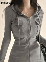 Vestido Mini Casual Solido Con Bolsillos Y Capucha Slim Para Mujer IAMSURE Manga Larga Otoño Invierno Moda Callejera - details 2