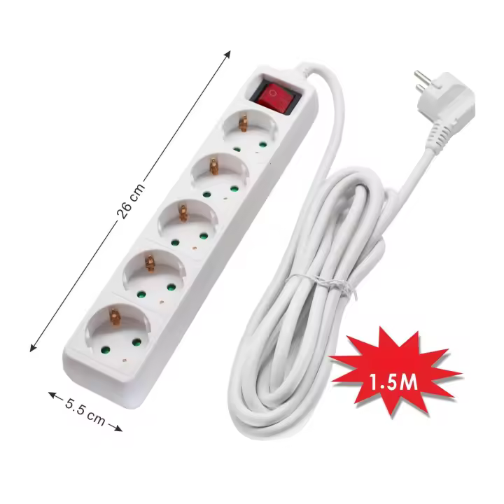 Regleta enchufe con interruptor KD, color blanco, alargador de enchufes, base multiples de 3, 4, 5, 6 tomas, enchufes tipo Schucko con interruptor, 16a/250v 3680w, cable 3g 1.5mm2, lontitud 1,5m, 3m o 5m, uso casa, oficia, local, etc,. - 1