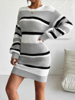 Vestido De Punto Con Bloque De Colores Y Rayas Contrasting Cuello Redondo Regular Largo De Rodilla Estilo Casual Para Mujer - details 4