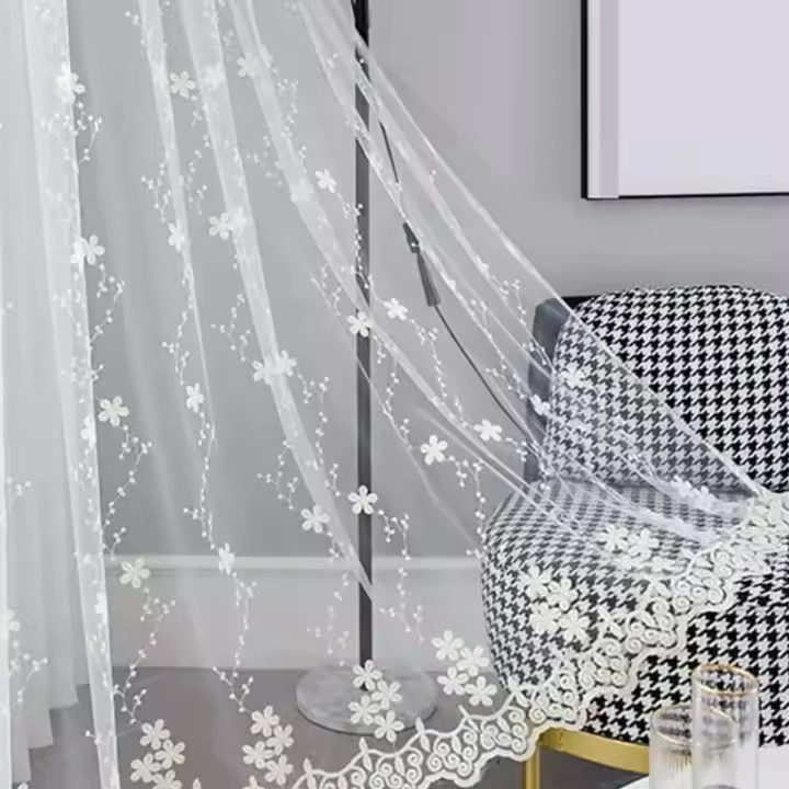1PC Cortinas De Ventana Para Dormitorio Y Sala De Estar Con Bordado De Pequeñas Flores En Tulle Cortina Individual Europea Translúcida De Poliéster 100% - 1