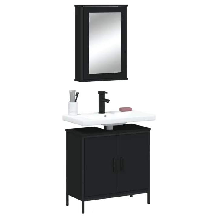 vidaXL Juego de muebles de baño 2 pzas madera contrachapada en color Negro/Roble ahumado/Roble Sonoma | almacenamiento funcional diseño moderno para baño dormitorio sala - 1